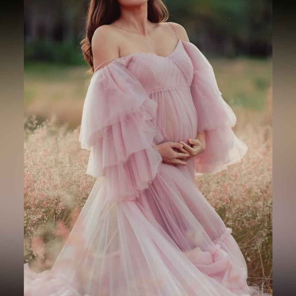 Maternity Dress for Sweetheart Tulle Robe Off Shoulder Dressing Gown. - Picture 2 of 15